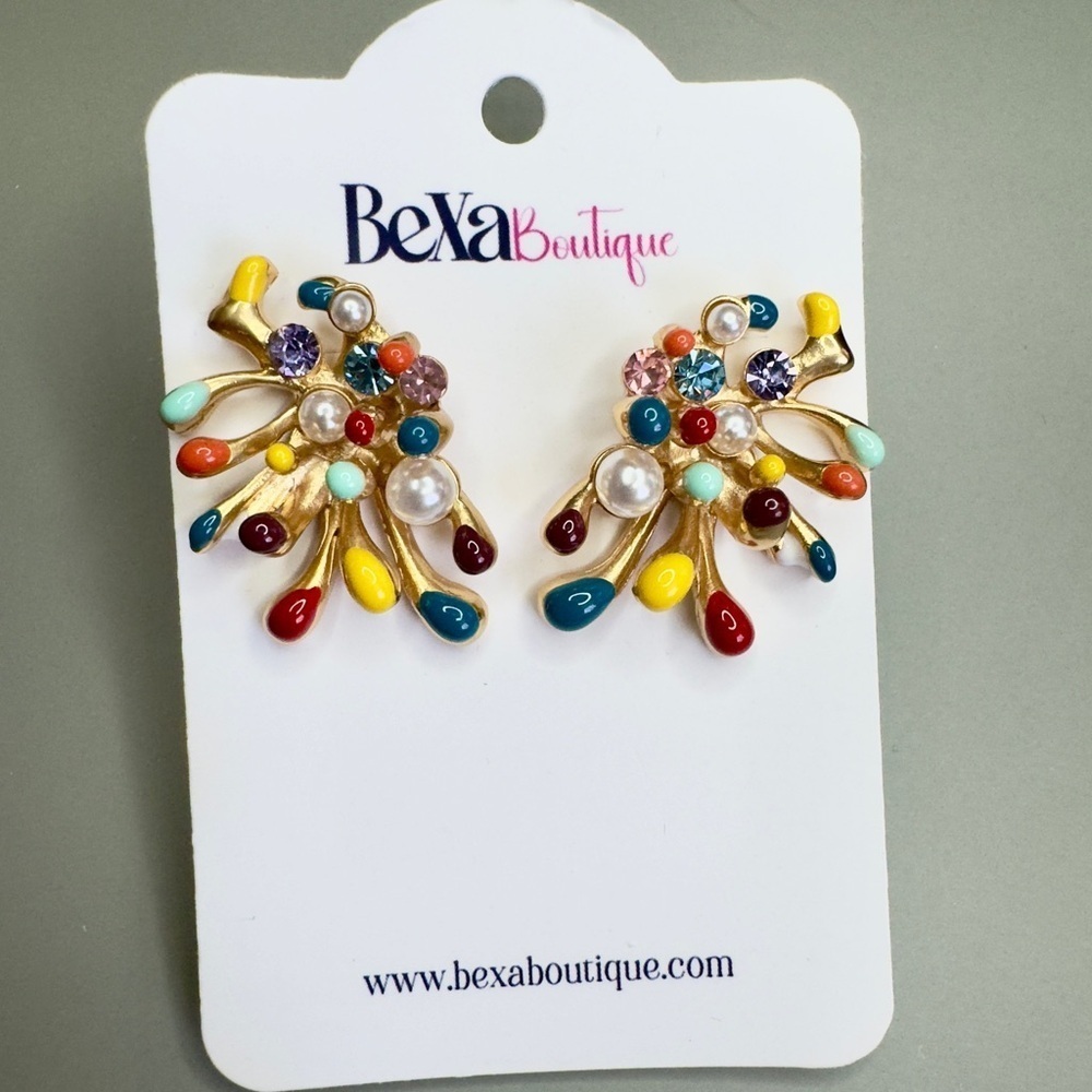 Red and Yellow Fan Earrings with Gemstone Design